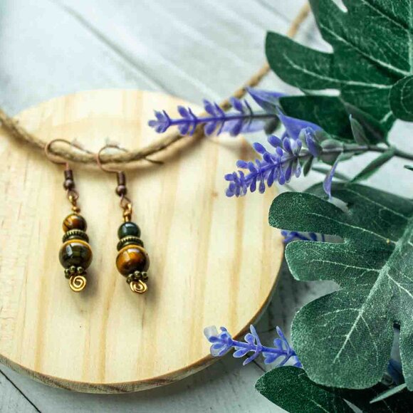 Tiger’s Eye Drop Earrings with Bronze and Copper Accents - Picture 10 of 11